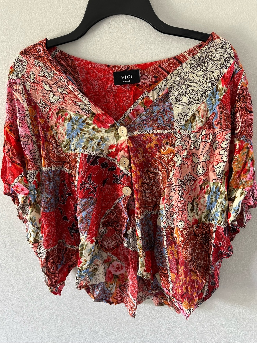 VICI Boho Patchwork Paisley Floral Button Front Flutter Sleeve Crop Top Small